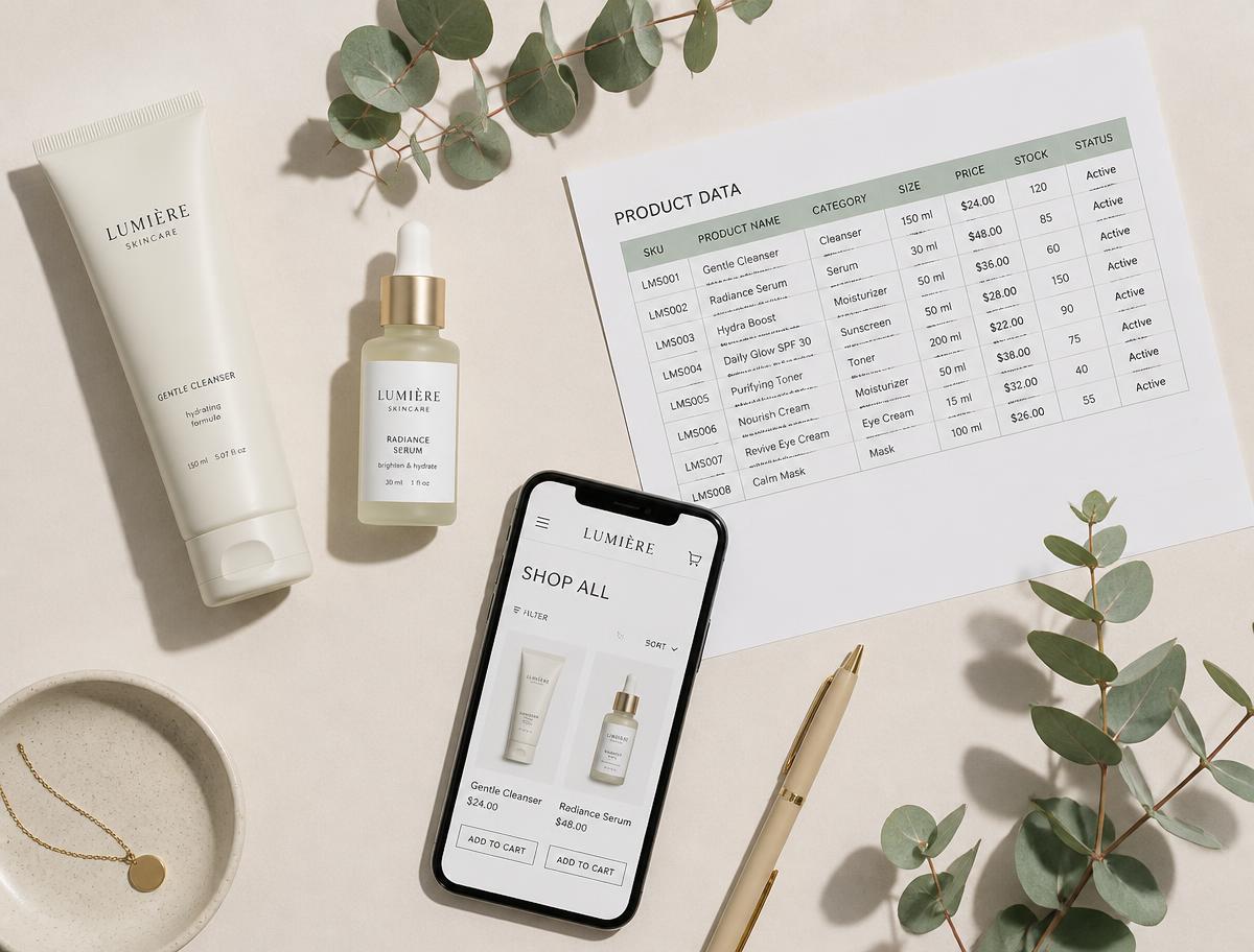 Mise à plat de produits de soin, fiche de données produits et smartphone affichant une boutique